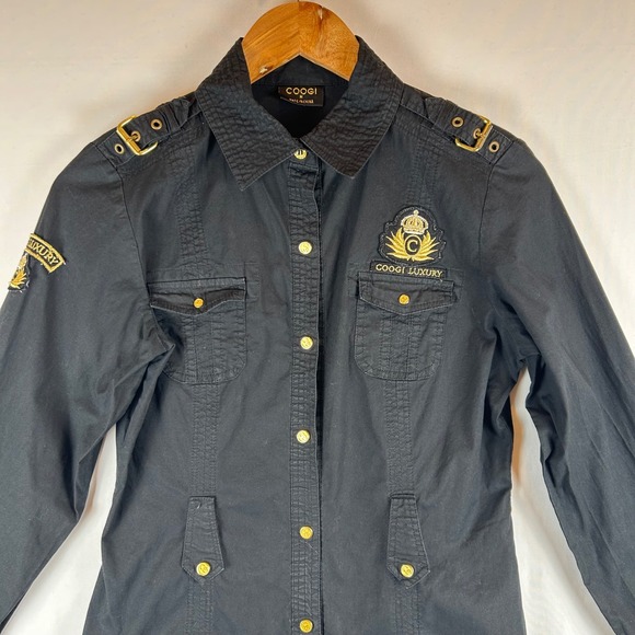 COOGI Luxury Black Embroidered Button Down Shirt Roll Tab Sleeve Military M - Picture 6 of 14